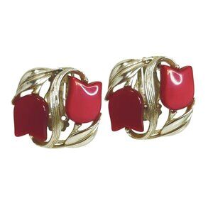 Vintage Red Tulip Clip-On Earrings Gold Tone Thermoset Marked Star 1960s